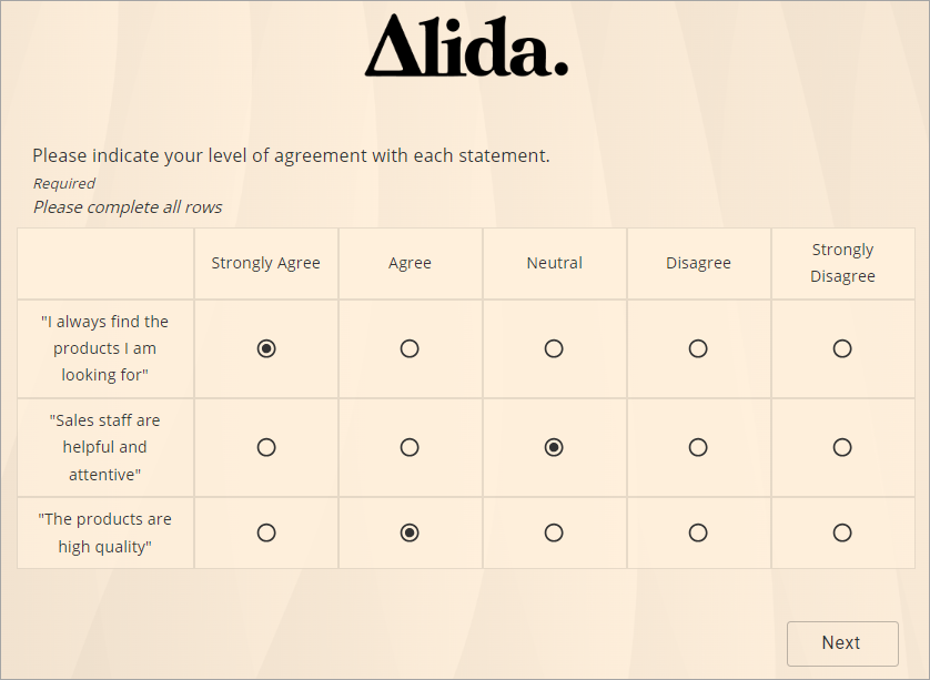 Single Choice Grid questions – Alida Help Center